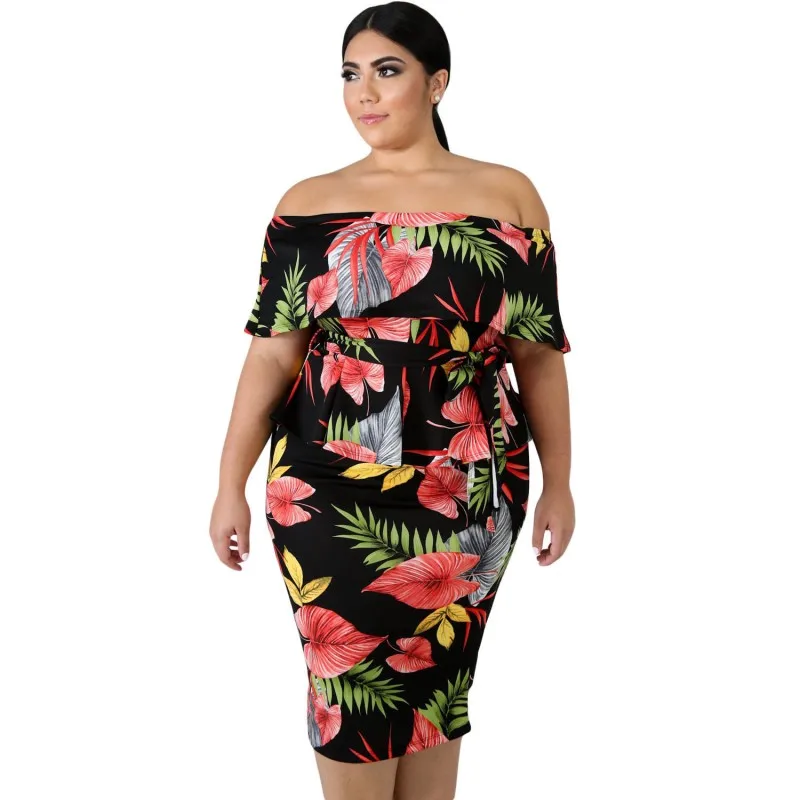 Women Off Shoulder Dress Plus Size 5XL Vestidos Tropical Print Casual