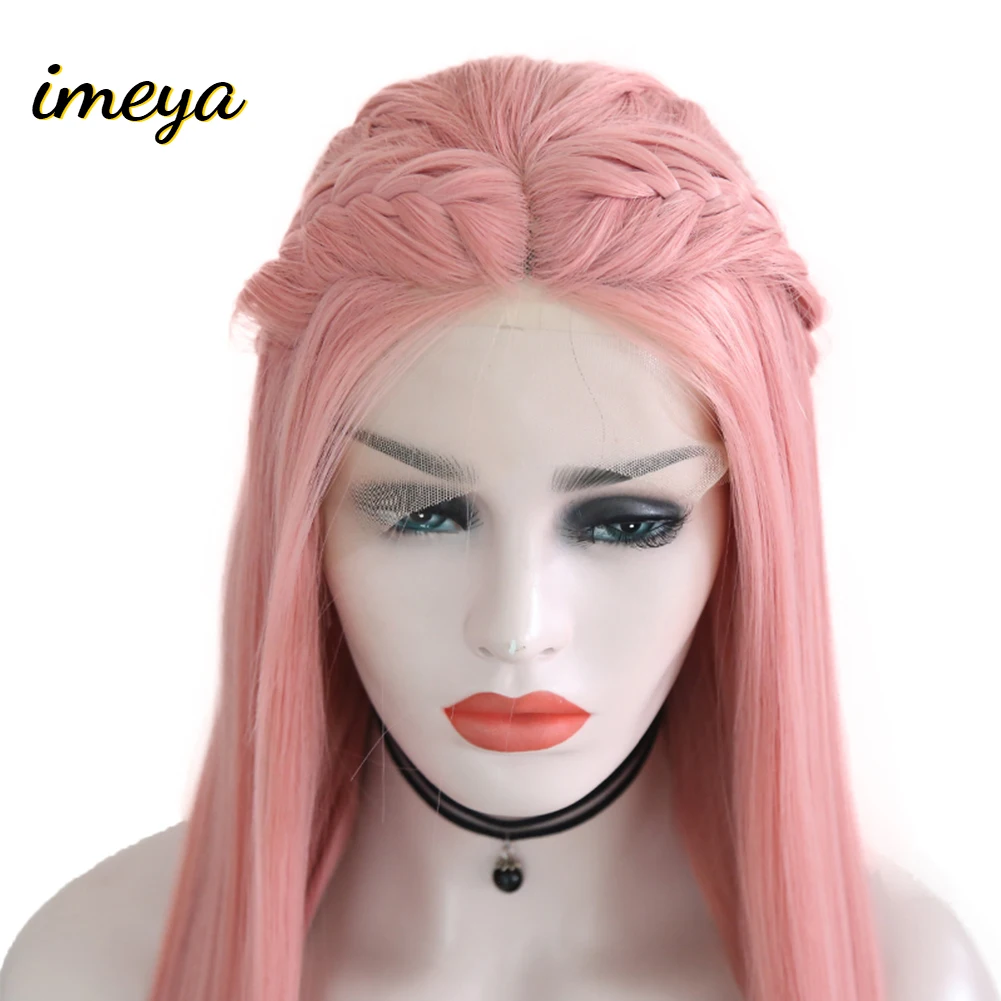 Imeya длинные прямые с ручной работы косы синтетический парик фронта шнурка 26 дюймов розовый цвет Жаростойкие Волокна парики для женщин