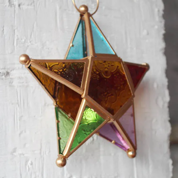 Five-pointed Star Candle Holder Moroccan Style Hanging Glass Metal Lantern TN99