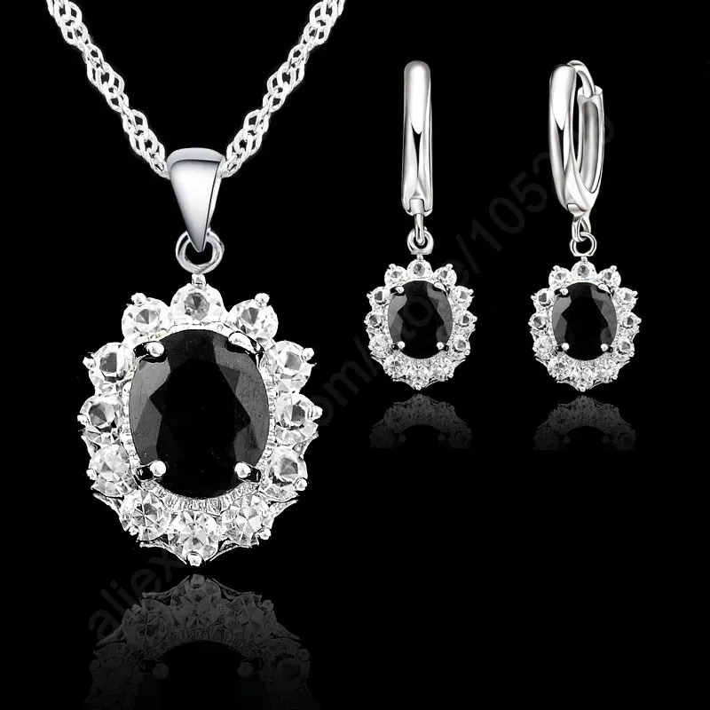Vogue Princess Wedding Engagement Necklace Earring Jewelry Sets 925 Sterling Silver Oval Black Crystal Good Quality