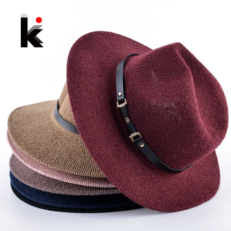 الصيف الفاتحة Pille Feminino بنما سترو القبعات مع جلد أسود الشريط للنساء تنفس للجنسين واسعة حافة شاطئ كاب Chapeu