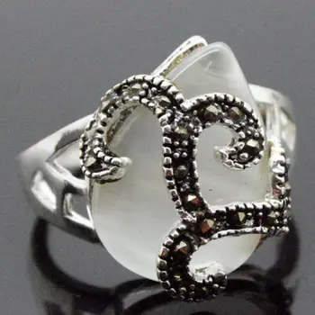 

18X16mm White Cat Eye Stone Opal Marcasite 925 Sterling r Lady Ring Sz 7-10