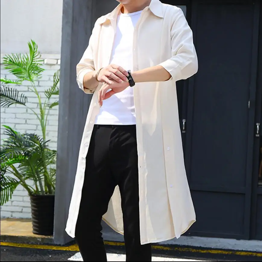 

Men's linen shirt long section shirt seven-point sleeve nightclub hair stylist sun protection clothing Summer M-4XL