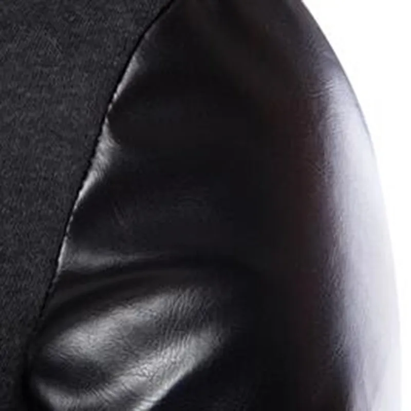 Осенняя мужская куртка с капюшоном с кожаными рукавами мотоциклетная искусственная кожа приталенная куртка с капюшоном