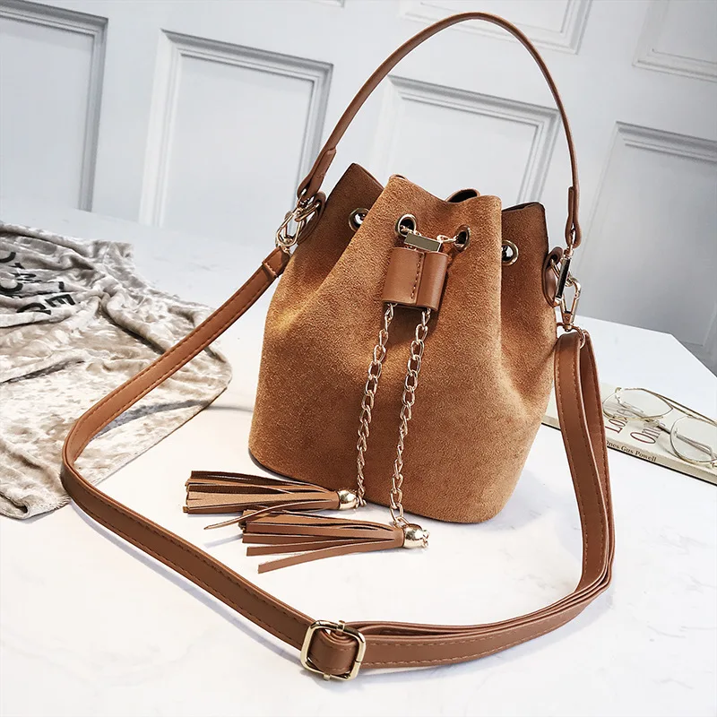  Meloke 2019 high quality women suede shoulder bags tassel bucket bags for girls crossbody bags wome - 32951458451