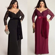 Frauen Mode Plus Size Sexy Long Sleeve Spitze Tiefe V-ansatz Lange Maxi Kleid