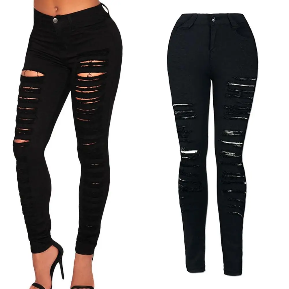 Женские весенние рваные узкие джинсы с Jegging мотобрюки тонкий высокая стрейч рваные женские повседневное узкие брюки
