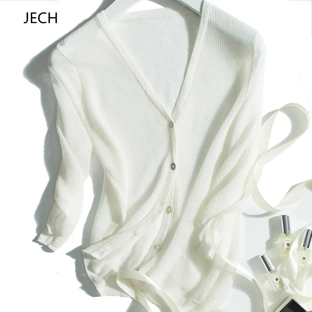 

JECH Spring and autumn 2018 New Design Silk blend cardigan Pleasantly cool Knitted Shirt Short paragraph Sunscreen cardigan
