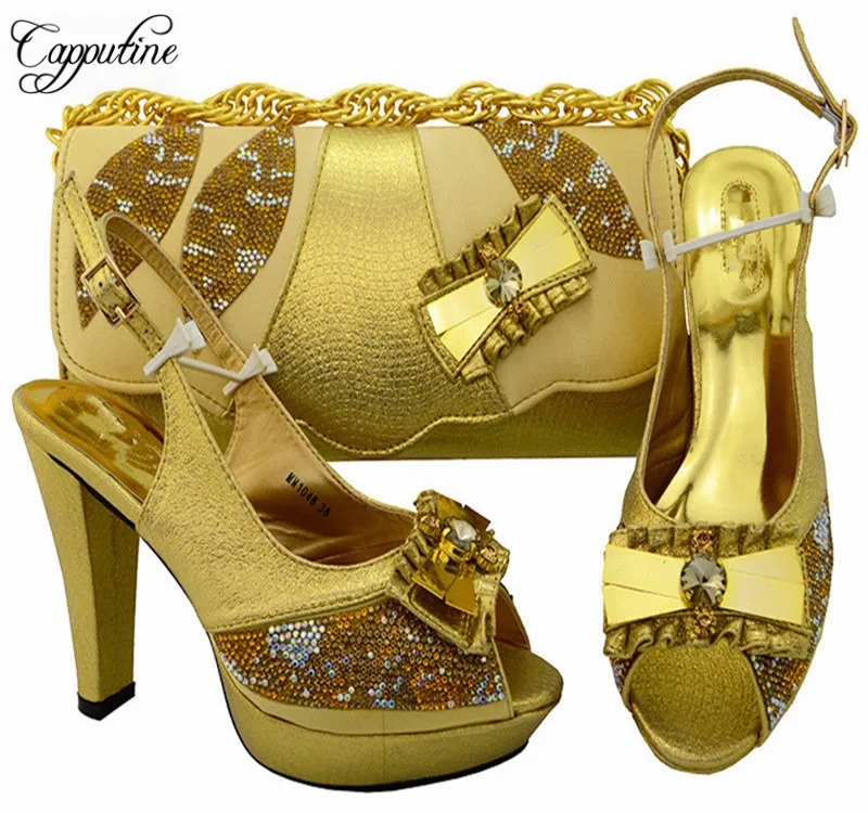 

Capputine Gold Color Italian Woman Party Shoes And Bag Set 2017 African Women High Heels Shoes And Bag Set For Wedding MM1048
