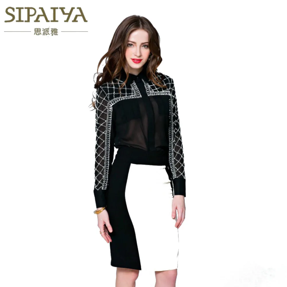 Runway Women Blouses Luxury Beading Sexy Perspective Black 2018 Summer Fashion Shirt Female Blusas Office Lady Top High Quality |