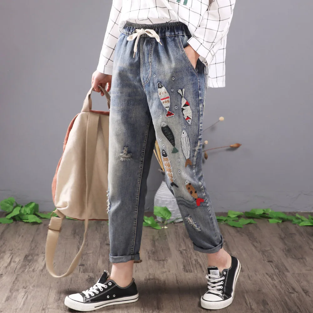 

QPFJQD Women Vintage Fish Embroidered Jeans Ripped Cotton Denim Harem Pants Casual Ladies Lace Up Elastic Waist Trousers Blue