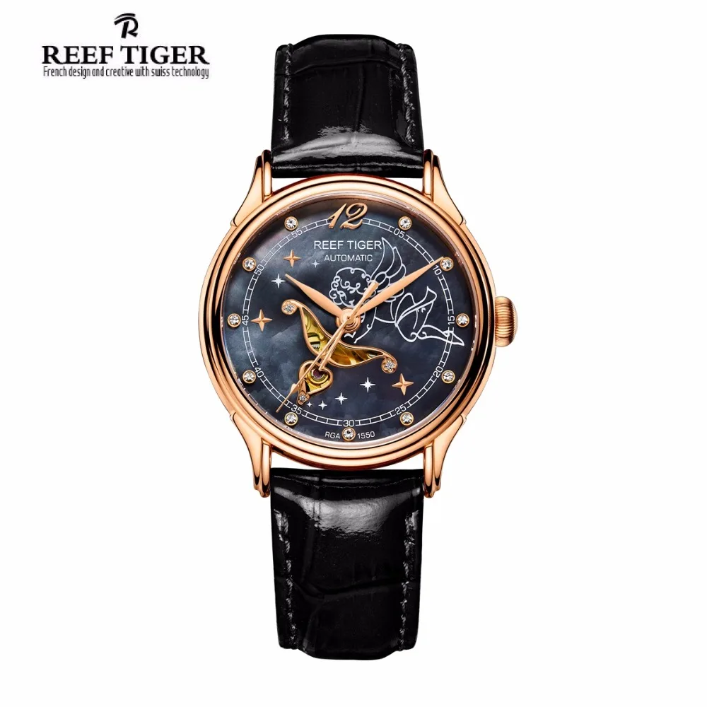 

2019 Reef Tiger Luxury Brand Designer Watches Women's Lover Rose Gold Tone Mother Pearl Dial Leather Strap Waterproof Watch