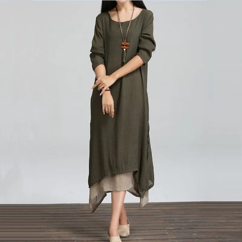 

summer Autumn cotton linen dress new fashion style plus size women casual loose long dresses party vestidos femininos AB073