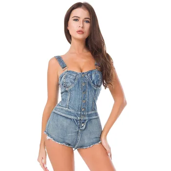 

Sexy Club Denim Jumpsuit Short Women Short Denim Playsuit Jeans Overalls front buttons Backless Lace Up Short Jumpsuit Jeans