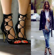 2016 Fashion Women Pumps Women Shoes Sandals Lace up High Heels Cut Outs Shoes Summer Open Toe Sapato Femininos Plus size 43