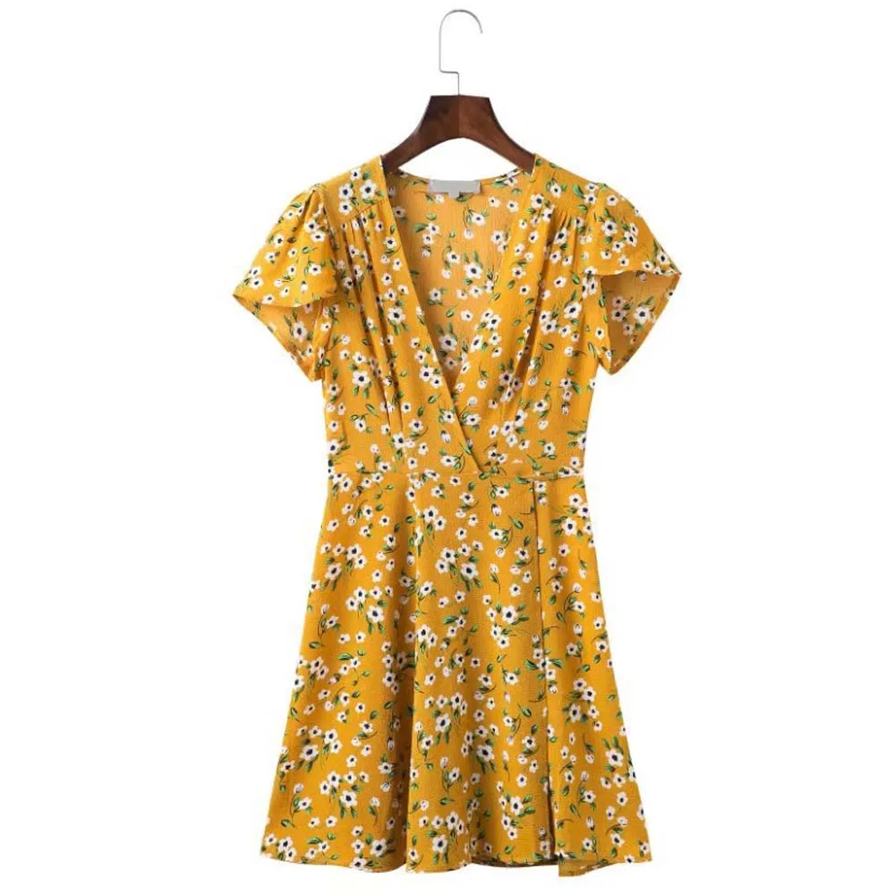 

ANSFX Bohemian Ethnic Floral Print Yellow Cross Deep V-Neck Back Lacing up Waist Slit Short Sleeve Sexy Short Mini A-Line Dress