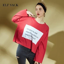 ELF SACK с принтом в стиле пэчворк женские короткие топы осень мода o-образным вырезом полный рукав оверсайз женская футболка Повседневная футболка