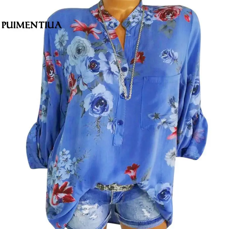 

Puimentiua Fashion Chiffon V-neck Women Blouse Long Sleeve Shirts Floral Plus Size Top Casual Sexy Office Blusas Feminina 5XL