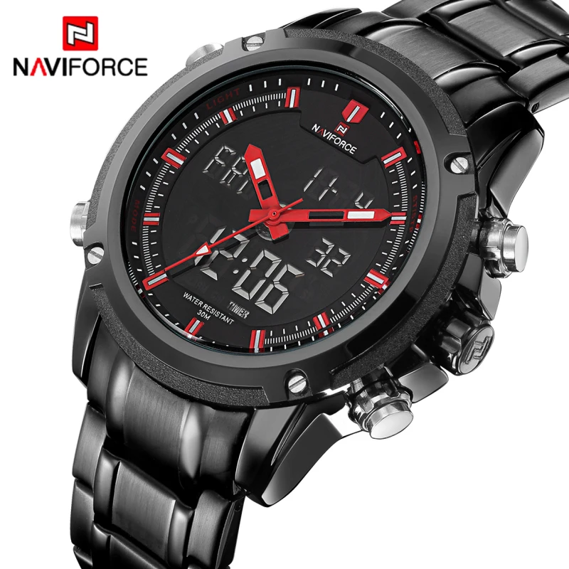 $17.6 Watches Men Naviforce Brand Sport Full Steel Quartz Analog Led Clock Reloj Hombre Army Military Wri