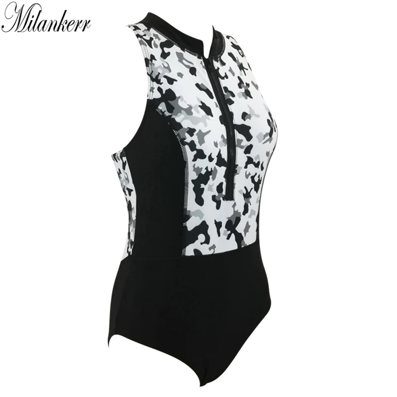 2018 New Women Swimming Body Suit Zipper One-piece Swimsuit Camouflage Patchwork Swimwear High Waist Training Tracksuit (1)