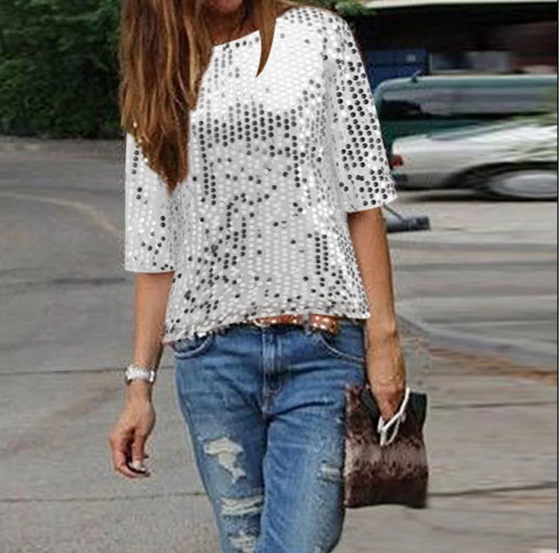 2017 New Women Casual Basic Summer Sequins Sexy T-shirt Top Tee Shirt Solid short sleeves blusas O-neck Large Size 2017 New Women Casual Basic Summer Sequins Sexy T-shirt Top Tee Shirt Solid short sleeves blusas O-neck Large Size