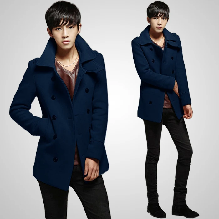 Корейская мужская мода лацкан шерстяного пальто двубортное пальто шерстяное пальто ветровка куртка#72009