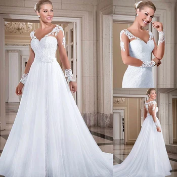 

Fashionable Tulle & Lace V-neck Neckline 2 In 1 Wedding Dresses With Beadings & Lace Appliques & Detachable Skirt Bridal Dress