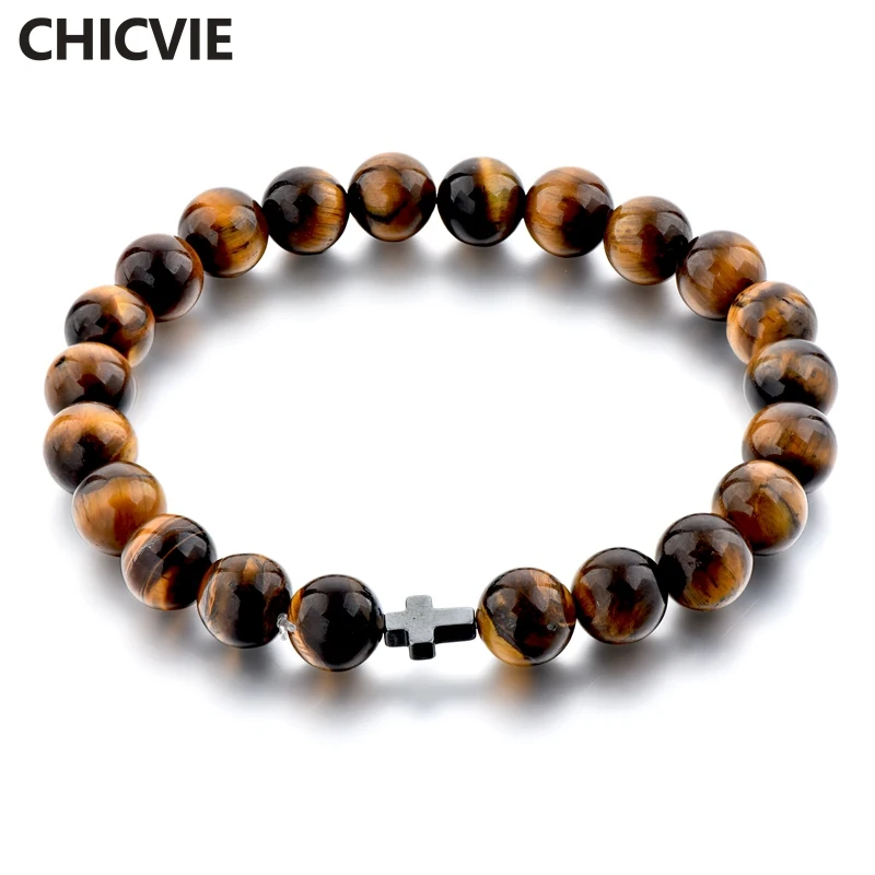

CHICVIE Charm Natural Stone Tiger Eye Men Jesus Bracelets & Bangles Beads For Women Jewelry Making Christian Bracelet SBR180056