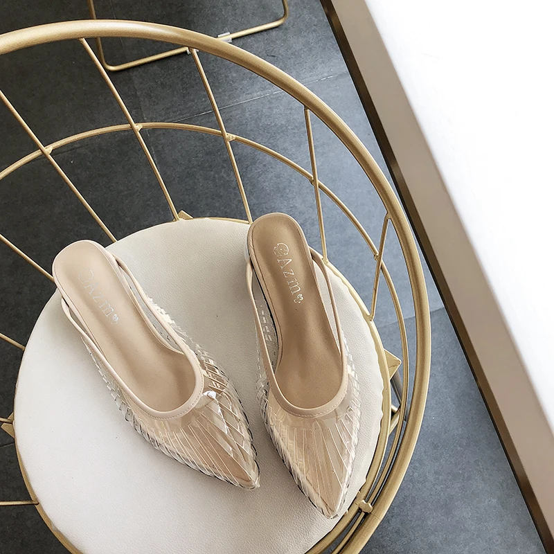 Для женщин прозрачные тапочки Прозрачный каблук шлёпанцы обувь 2019 слипоны повседневное направляющие Женская летняя обувь chaussures femme