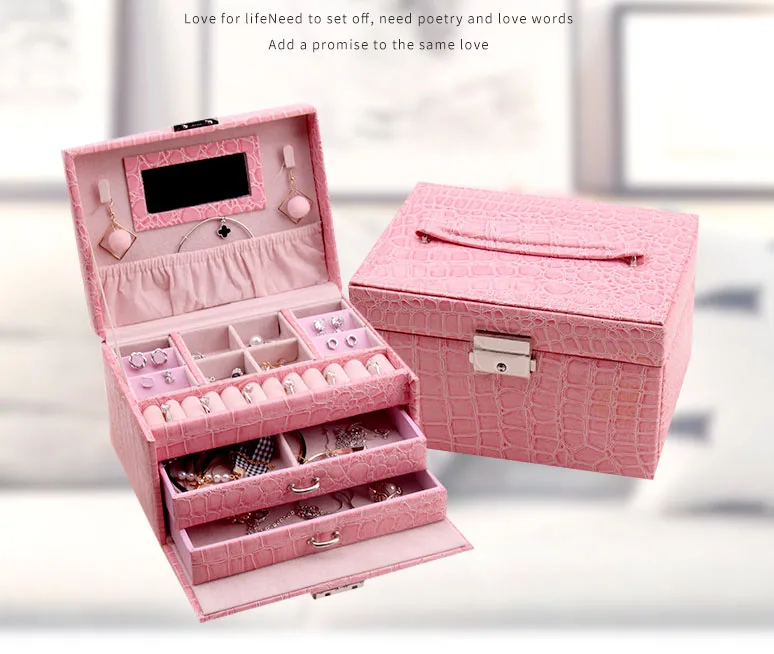 

Luxury Three Layers Women Jewelry Case PU Leather Jewel Storage Organizer Case European Ladies Jewelry Box Wedding Bride Gift
