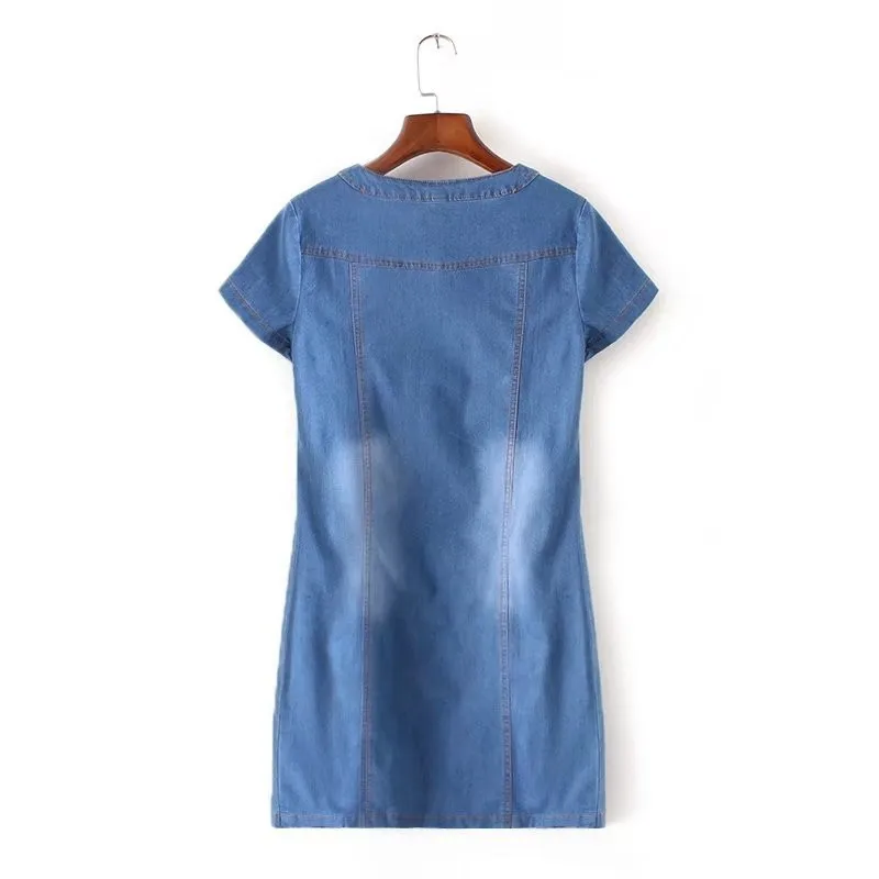 Summer Denim Dress Women 2019 New Fashion Round neck Short sleeve Jeans Dresses Plus size Female Loose A-Line Denim Dresses N292