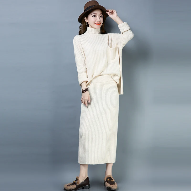 #Special Offers 4 Colors Brand Women Set Fall Winter New Casual Solid Color Knit Suit Knit Turtleneck Sweater + Long Skirt Two Piece Sets Female