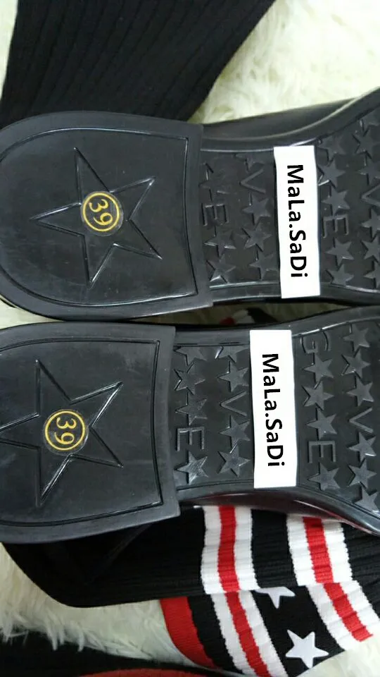 Fashion Cool Women Socks Boots Genuine Leather The Knee High Quality Stretch Fabric Elastic Flats Rubber Shoes Size 35-40