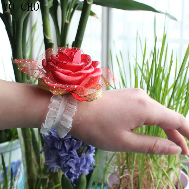 YO CHO Fashion Wedding Flower Rose Wedding Accessory favors Corsages Groom boutonniere Lace PE Bridal Bridesmaid Wrist Flower