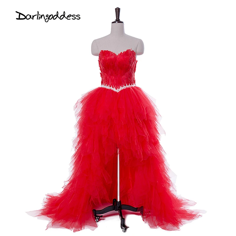 

Darlingoddess Robe de Soiree Longue Sexy Short Front Long Back Evening Dresses Strapless Feather Red Black Gray White Prom Dress