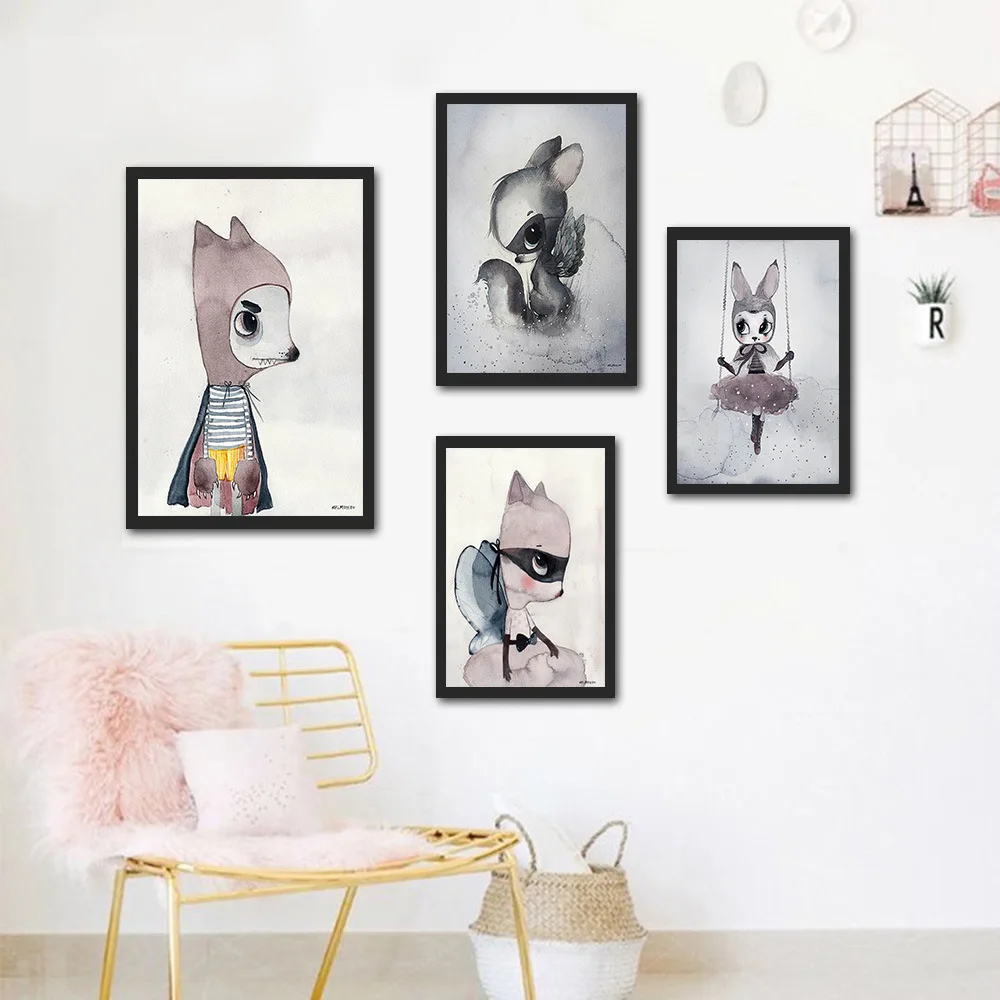 Nordic-Style-Hand-Painted-Rabbit-Ladies-Printed-Murals-Abstract-Poster-Cartoon-Animal-Rabbit-Children-s-Bedroom