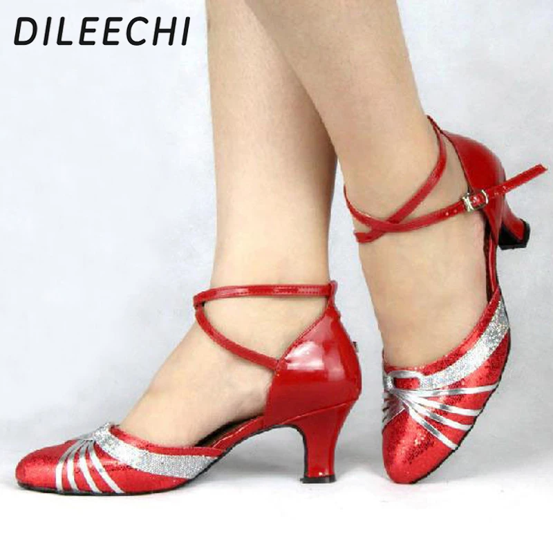 DILEECHI Red Sequins Women's Latin Modern dance shoes female Ballroom