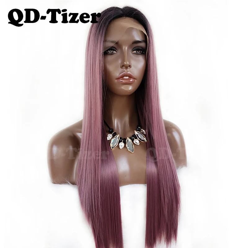 

QD-Tizer Purple Ombre Synthetic Lace Front Wig Glueless Straight Hair Lace Front Heat Resistant Fiber Hair Wigs for Women 180%