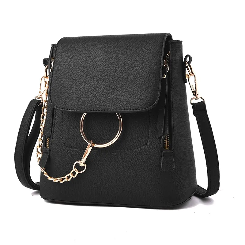 

Fashion Lady PU Leather Bag 2 Straps Women Backpack Chain Small Shoulder Bags 2019 Metal Ring Bucket Bag Quality Cross body Bags