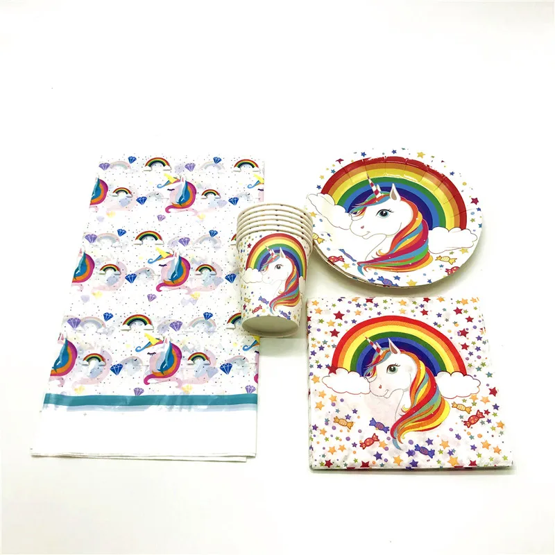 

High Quality Rainbow Unicorn Theme Tableware Set Cup+Plate+Napkins Baby Shower Kid Birthday Tablecover Decoration Supply 69Pcs