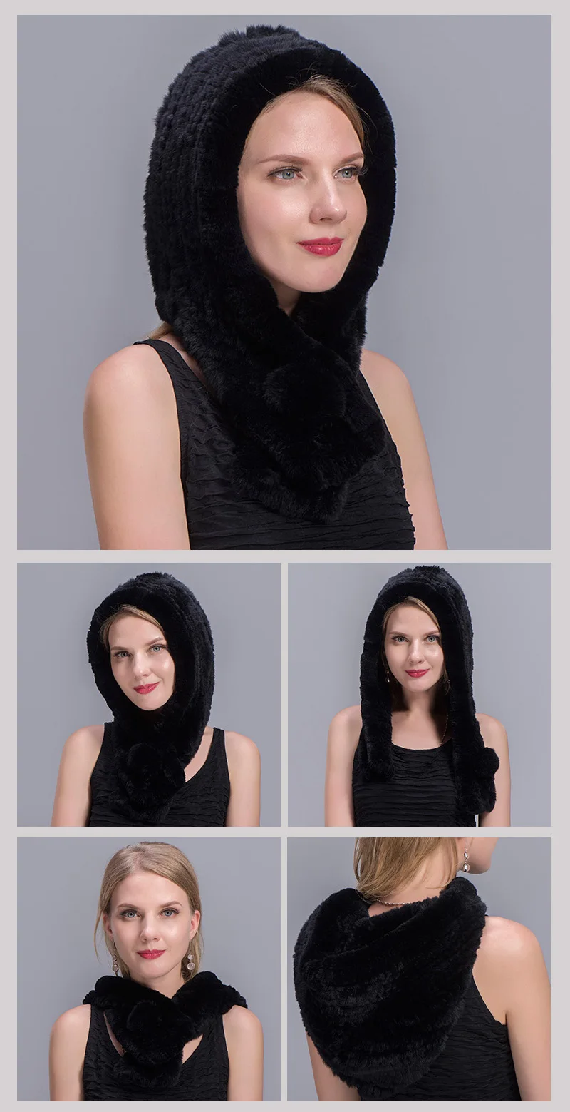 rex rabbit fur scarf hat black 00