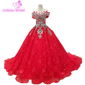 

AOLANES 2018 Red Lace Tulle Boat Neck Sleeveless Wedding Dresses Cathedral Train Lace Up Ball Gown Off The Shoulder Bridal Gowns