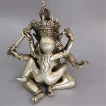 Тибетское позолоченное серебро Бронзовая статуя Манджушри Яб-Юм Будды 5,5''