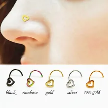 1 шт., модные титановые Стальные Шпильки для носа, кольца для носа в форме сердца, серебряные, золотые, радужные, черные, 20 г, ювелирные изделия для пирсинга тела, женские, противоаллергенные
