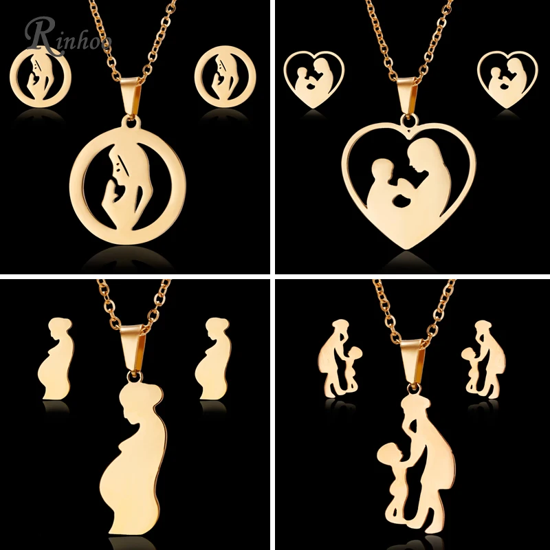 

RINHOO Fashion Mom Love Baby Kids Gold Color Stainless Steel Sets For Women Necklace Earrings Jewelry Set For Mother's Day Gift
