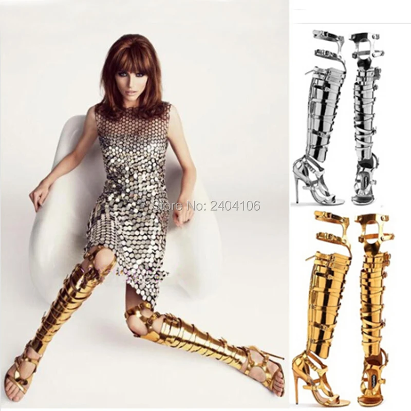 Sapato Feminino; сандалии-гладиаторы на ремнях; цвета металлик, серебристый, золотистый; сапоги до бедра; сапоги на высоких каблуках выше колена; женские летние туфли с вырезами