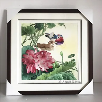 

Pure manual suzhou embroidery lotus flower mandarin duck swimming drawing living room finished painting bedroom porch picture