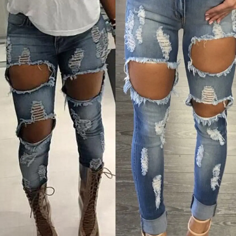 2018 новые женские пикантные открытые колени стрейч рваные узкие Высокая Талия джинсовые штаны джинсы