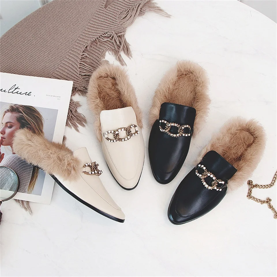 

Women Autumn Winter Mules Fashion 2cm heel Slip On Slides Real Cow Leather Real Fluffy Fur Slippers Loafer Women Shoes