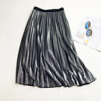 

2019 Spring New Arrival Bright Gold Saias Na Altura Do Joelho Metallic Flash Pleated Skirt 3 Cololrs Available clothes